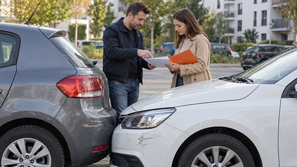 Doi conducători auto verifică avariile după o tamponare ușoară