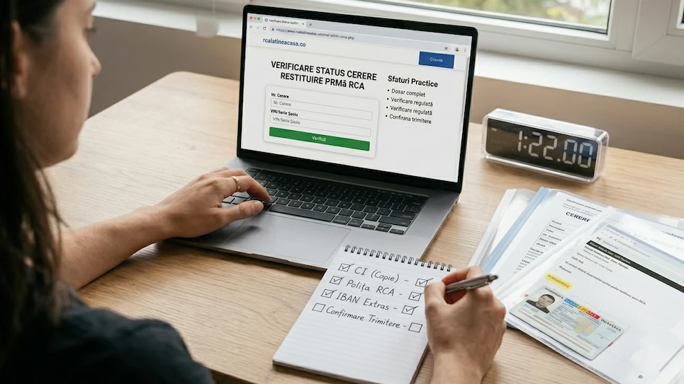 Persoană verificând online statusul cererii de restituire a primei RCA